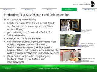 VP Flugzeug VT im Marketing
16.08.2018 Virtuelle Techniken in der Luftfahrt
VP Fertigung Training Produktion
Bild: Testia
graphische Überlagerung
umgesetzter Stand zu
Soll-Vorgaben
Bild: Altran/CenterlineDesign
Detaillierte Blick auf die
Stellplätze der
Servierwagen (Trolleys)
Fixierter Tablet-PC
mit AR-Szene
Produktion: Qualitätssicherung und Dokumentation
Einsatz von Augmented Reality
 Einsatz von Tablet-PCs: Kamera nimmt Reabild
auf; Anzeige des zusammengesetzten Bildes
auf dem Display
 ggf. Halterung zum Fixieren des Tablet PCs
 Soll-Ist-Abgleiche
 Anzeige noch fehlender Bauteile
 Aufnahme (Digitalisierung) neuen Wissens über
mobile Endgeräte (Kameraaufnahmen,
Sensordatenerfassung etc.); Ablage zwecks
Dokumentation und Teilen mit anderen (etwa über
Wissensmanagementsysteme und Soziale Medien)
 [Wissensarten in Virtuellen Umgebungen:
Positions-, Struktur-, Verhaltens- und
Prozedurwissen]
Bild: Altran/CenterlineDesign
36
Produktion
 