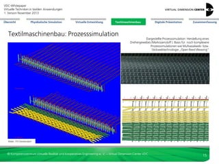 VDC-Whitepaper
Virtuelle Techniken in textilen Anwendungen
2. Version Dezember 2013
Übersicht

Physikalische Simulation

Virtuelle Entwicklung

Textilmaschinenbau

Textilmaschinenbau: Prozesssimulation

Digitale Präsentation

Zusammenfassung

Dargestellte Prozesssimulation: Herstellung eines
Drehergewebes (Markissenstoff ). Basis für noch komplexere
Prozesssimulationen wie Multiaxialweb- bzw.
Stickwebtechnologie „Open Reed Weaving“

Bilder: ITV Denkendorf

© Kompetenzzentrum Virtuelle Realität und Kooperatives Engineering w. V. – Virtual Dimension Center VDC

15

 