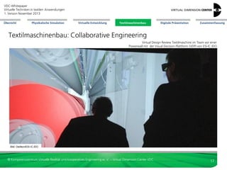 VDC-Whitepaper
Virtuelle Techniken in textilen Anwendungen
2. Version Dezember 2013
Übersicht

Physikalische Simulation

Virtuelle Entwicklung

Textilmaschinenbau

Digitale Präsentation

Zusammenfassung

Textilmaschinenbau: Collaborative Engineering
Virtual Design Review Textilmaschine im Team vor einer
Powerwall mit der Visual Decision Plattform (VDP) von ESI-IC.IDO

Bild: Oerlikon/ESI-IC.IDO

© Kompetenzzentrum Virtuelle Realität und Kooperatives Engineering w. V. – Virtual Dimension Center VDC

17

 