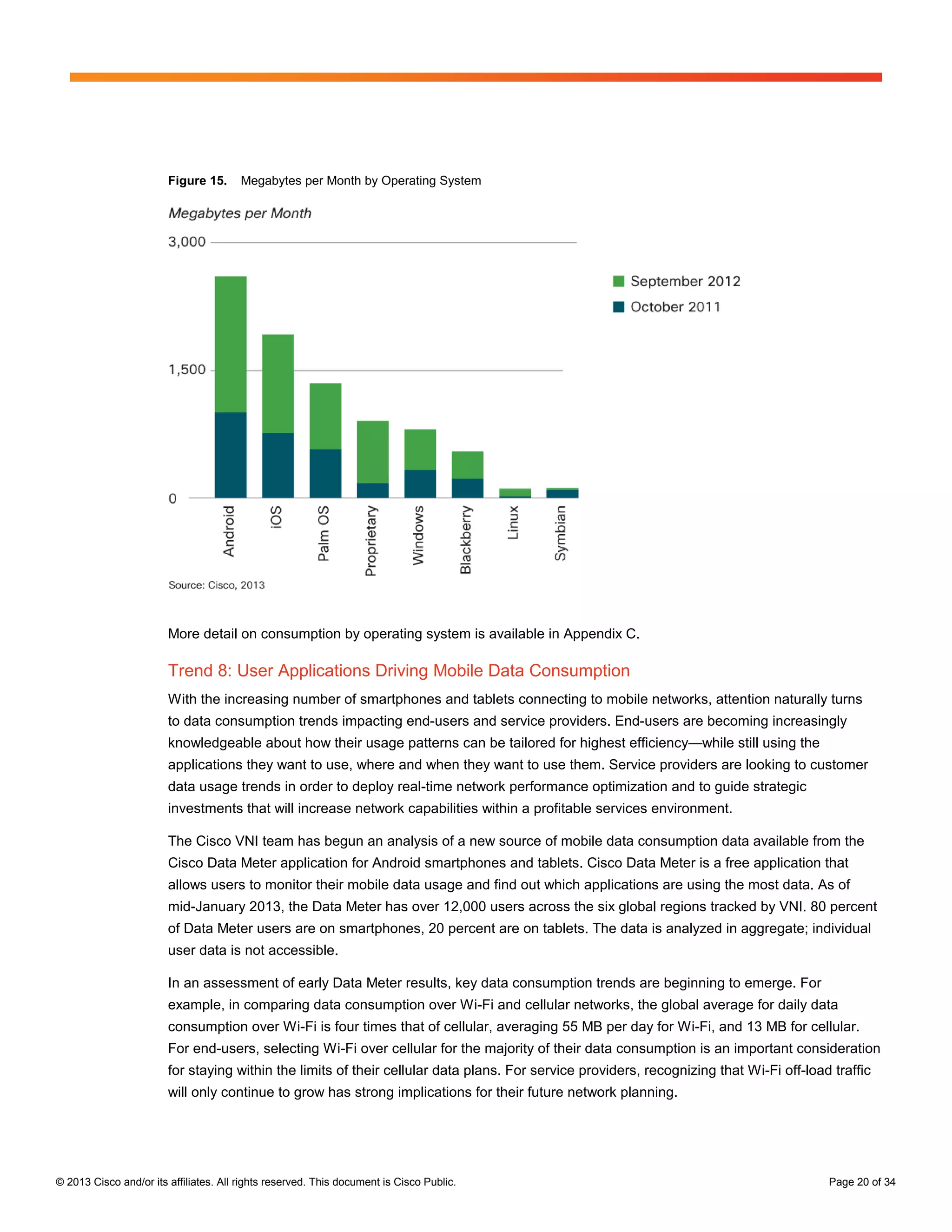 Figure 15.      Megabytes per Month by Operating System




                        More detail on consumption by operating system is available in Appendix C.

                        Trend 8: User Applications Driving Mobile Data Consumption
                        With the increasing number of smartphones and tablets connecting to mobile networks, attention naturally turns
                        to data consumption trends impacting end-users and service providers. End-users are becoming increasingly
                        knowledgeable about how their usage patterns can be tailored for highest efficiency—while still using the
                        applications they want to use, where and when they want to use them. Service providers are looking to customer
                        data usage trends in order to deploy real-time network performance optimization and to guide strategic
                        investments that will increase network capabilities within a profitable services environment.

                        The Cisco VNI team has begun an analysis of a new source of mobile data consumption data available from the
                        Cisco Data Meter application for Android smartphones and tablets. Cisco Data Meter is a free application that
                        allows users to monitor their mobile data usage and find out which applications are using the most data. As of
                        mid-January 2013, the Data Meter has over 12,000 users across the six global regions tracked by VNI. 80 percent
                        of Data Meter users are on smartphones, 20 percent are on tablets. The data is analyzed in aggregate; individual
                        user data is not accessible.

                        In an assessment of early Data Meter results, key data consumption trends are beginning to emerge. For
                        example, in comparing data consumption over Wi-Fi and cellular networks, the global average for daily data
                        consumption over Wi-Fi is four times that of cellular, averaging 55 MB per day for Wi-Fi, and 13 MB for cellular.
                        For end-users, selecting Wi-Fi over cellular for the majority of their data consumption is an important consideration
                        for staying within the limits of their cellular data plans. For service providers, recognizing that Wi-Fi off-load traffic
                        will only continue to grow has strong implications for their future network planning.




© 2013 Cisco and/or its affiliates. All rights reserved. This document is Cisco Public.                                                   Page 20 of 34
 