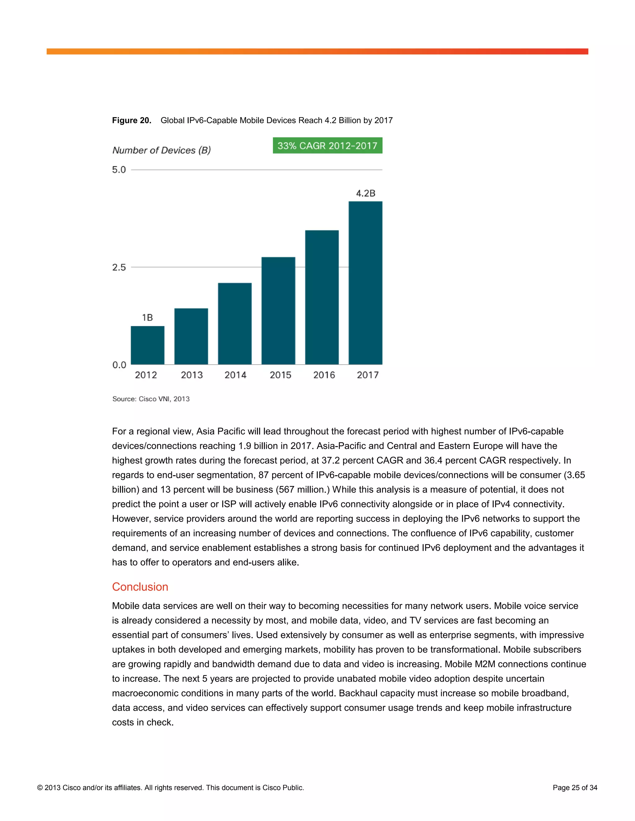 Figure 20.      Global IPv6-Capable Mobile Devices Reach 4.2 Billion by 2017




                        For a regional view, Asia Pacific will lead throughout the forecast period with highest number of IPv6-capable
                        devices/connections reaching 1.9 billion in 2017. Asia-Pacific and Central and Eastern Europe will have the
                        highest growth rates during the forecast period, at 37.2 percent CAGR and 36.4 percent CAGR respectively. In
                        regards to end-user segmentation, 87 percent of IPv6-capable mobile devices/connections will be consumer (3.65
                        billion) and 13 percent will be business (567 million.) While this analysis is a measure of potential, it does not
                        predict the point a user or ISP will actively enable IPv6 connectivity alongside or in place of IPv4 connectivity.
                        However, service providers around the world are reporting success in deploying the IPv6 networks to support the
                        requirements of an increasing number of devices and connections. The confluence of IPv6 capability, customer
                        demand, and service enablement establishes a strong basis for continued IPv6 deployment and the advantages it
                        has to offer to operators and end-users alike.

                        Conclusion
                        Mobile data services are well on their way to becoming necessities for many network users. Mobile voice service
                        is already considered a necessity by most, and mobile data, video, and TV services are fast becoming an
                        essential part of consumers’ lives. Used extensively by consumer as well as enterprise segments, with impressive
                        uptakes in both developed and emerging markets, mobility has proven to be transformational. Mobile subscribers
                        are growing rapidly and bandwidth demand due to data and video is increasing. Mobile M2M connections continue
                        to increase. The next 5 years are projected to provide unabated mobile video adoption despite uncertain
                        macroeconomic conditions in many parts of the world. Backhaul capacity must increase so mobile broadband,
                        data access, and video services can effectively support consumer usage trends and keep mobile infrastructure
                        costs in check.




© 2013 Cisco and/or its affiliates. All rights reserved. This document is Cisco Public.                                                Page 25 of 34
 