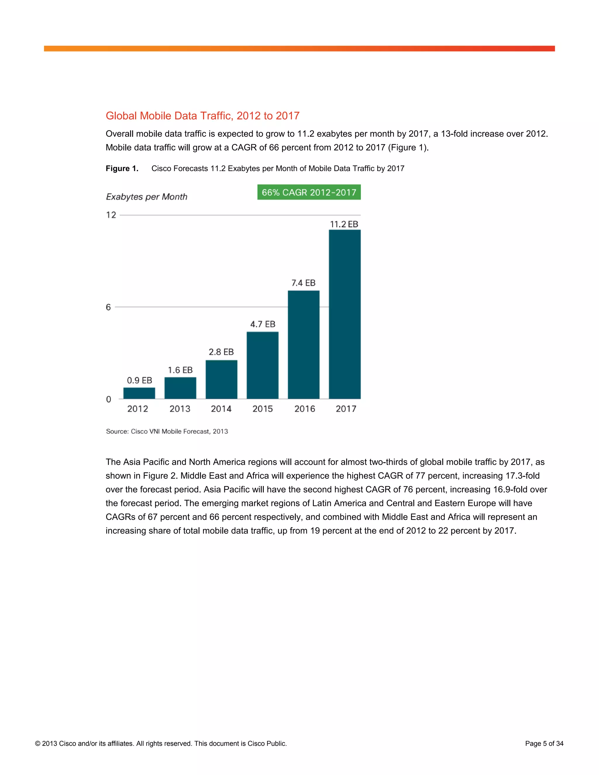 Global Mobile Data Traffic, 2012 to 2017
                        Overall mobile data traffic is expected to grow to 11.2 exabytes per month by 2017, a 13-fold increase over 2012.
                        Mobile data traffic will grow at a CAGR of 66 percent from 2012 to 2017 (Figure 1).

                        Figure 1.       Cisco Forecasts 11.2 Exabytes per Month of Mobile Data Traffic by 2017




                        The Asia Pacific and North America regions will account for almost two-thirds of global mobile traffic by 2017, as
                        shown in Figure 2. Middle East and Africa will experience the highest CAGR of 77 percent, increasing 17.3-fold
                        over the forecast period. Asia Pacific will have the second highest CAGR of 76 percent, increasing 16.9-fold over
                        the forecast period. The emerging market regions of Latin America and Central and Eastern Europe will have
                        CAGRs of 67 percent and 66 percent respectively, and combined with Middle East and Africa will represent an
                        increasing share of total mobile data traffic, up from 19 percent at the end of 2012 to 22 percent by 2017.




© 2013 Cisco and/or its affiliates. All rights reserved. This document is Cisco Public.                                               Page 5 of 34
 