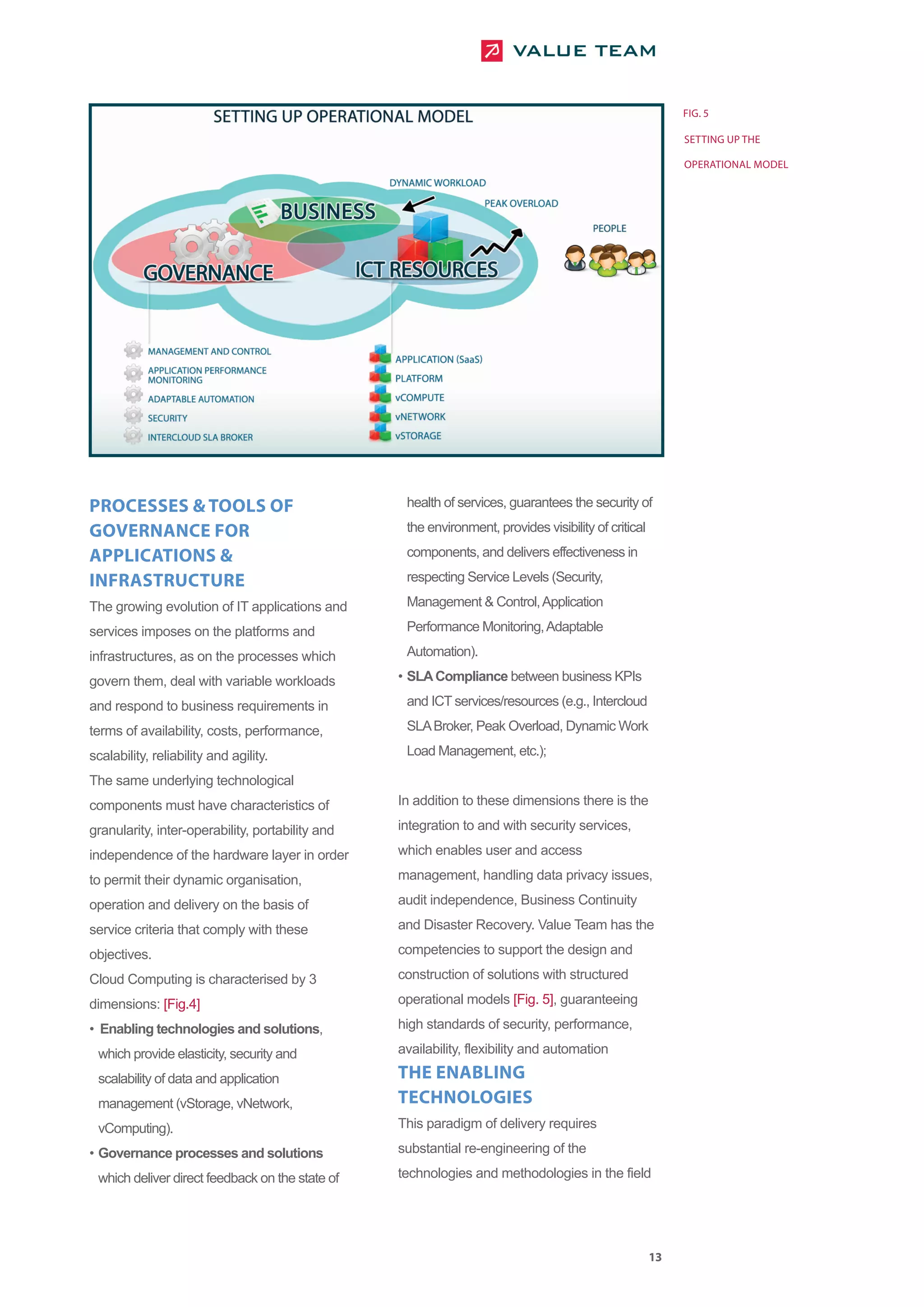 FIG. 5

                                                                                                           SETTING UP THE

                                                                                                           OPERATIONAL MODEL




PROCESSES & TOOLS OF                               health of services, guarantees the security of

GOVERNANCE FOR                                     the environment, provides visibility of critical

APPLICATIONS &                                     components, and delivers effectiveness in

INFRASTRUCTURE                                     respecting Service Levels (Security,

The growing evolution of IT applications and       Management & Control, Application

services imposes on the platforms and              Performance Monitoring, Adaptable

infrastructures, as on the processes which         Automation).

govern them, deal with variable workloads         • SLA Compliance between business KPIs

and respond to business requirements in            and ICT services/resources (e.g., Intercloud

terms of availability, costs, performance,         SLA Broker, Peak Overload, Dynamic Work

scalability, reliability and agility.              Load Management, etc.);

The same underlying technological
components must have characteristics of           In addition to these dimensions there is the

granularity, inter-operability, portability and   integration to and with security services,

independence of the hardware layer in order       which enables user and access

to permit their dynamic organisation,             management, handling data privacy issues,

operation and delivery on the basis of            audit independence, Business Continuity

service criteria that comply with these           and Disaster Recovery. Value Team has the

objectives.                                       competencies to support the design and

Cloud Computing is characterised by 3             construction of solutions with structured

dimensions: [Fig.4]                               operational models [Fig. 5], guaranteeing

• Enabling technologies and solutions,            high standards of security, performance,

 which provide elasticity, security and           availability, flexibility and automation

 scalability of data and application              THE ENABLING
 management (vStorage, vNetwork,                  TECHNOLOGIES
 vComputing).                                     This paradigm of delivery requires

• Governance processes and solutions              substantial re-engineering of the

 which deliver direct feedback on the state of    technologies and methodologies in the field




                                                                                                      13
 