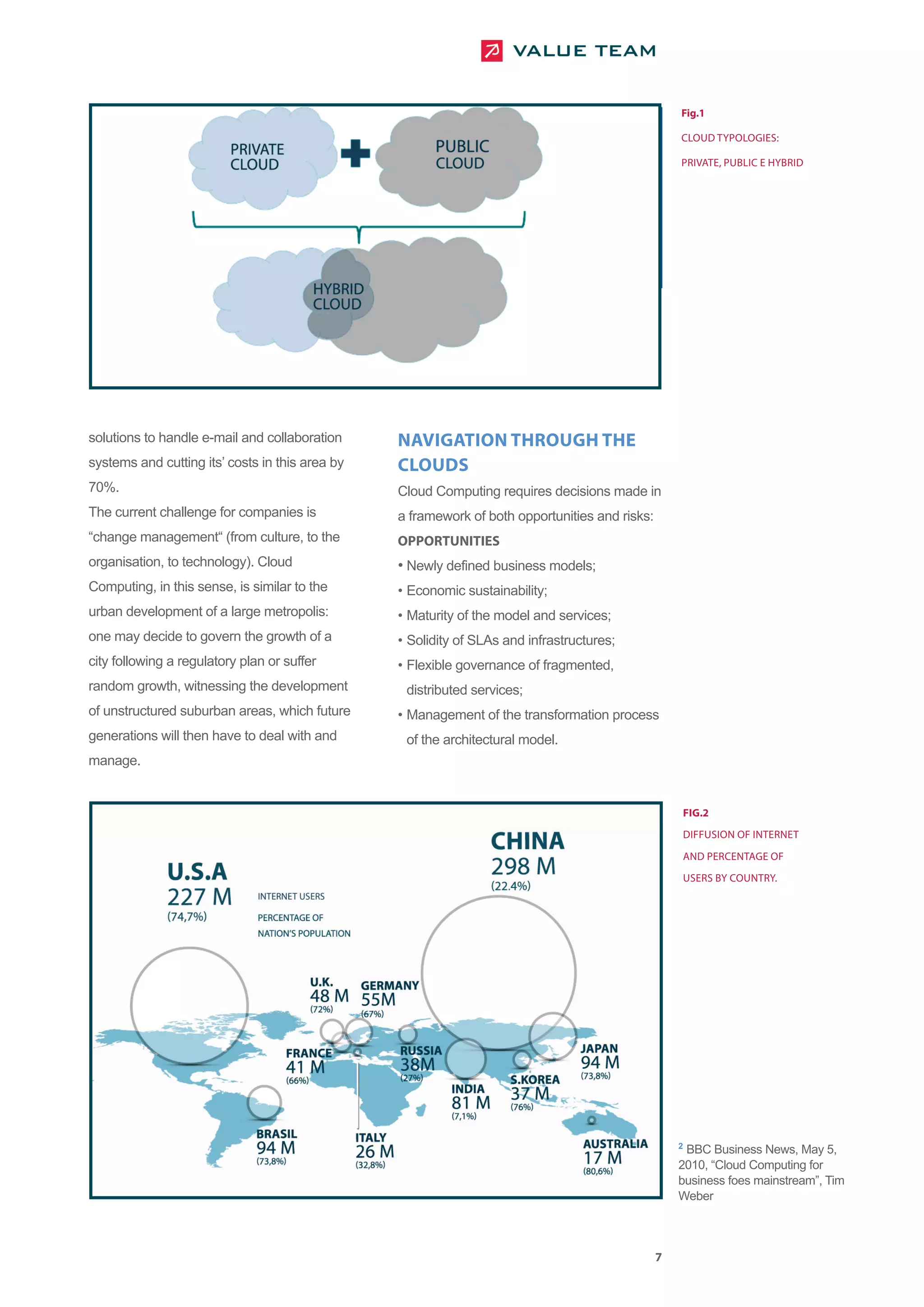 Fig.1

                                                                                                    CLOUD TYPOLOGIES:

                                                                                                    PRIVATE, PUBLIC E HYBRID




solutions to handle e-mail and collaboration     NAVIGATION THROUGH THE
systems and cutting its’ costs in this area by   CLOUDS
70%.                                             Cloud Computing requires decisions made in
The current challenge for companies is           a framework of both opportunities and risks:
“change management“ (from culture, to the        OPPORTUNITIES
organisation, to technology). Cloud              • Newly defined business models;
Computing, in this sense, is similar to the      • Economic sustainability;
urban development of a large metropolis:         • Maturity of the model and services;
one may decide to govern the growth of a         • Solidity of SLAs and infrastructures;
city following a regulatory plan or suffer       • Flexible governance of fragmented,
random growth, witnessing the development         distributed services;
of unstructured suburban areas, which future     • Management of the transformation process
generations will then have to deal with and       of the architectural model.
manage.


                                                                                                    FIG.2

                                                                                                    DIFFUSION OF INTERNET

                                                                                                    AND PERCENTAGE OF

                                                                                                    USERS BY COUNTRY.




                                                                                                    2
                                                                                                     BBC Business News, May 5,
                                                                                                    2010, “Cloud Computing for
                                                                                                    business foes mainstream”, Tim
                                                                                                    Weber



                                                                                                7
 