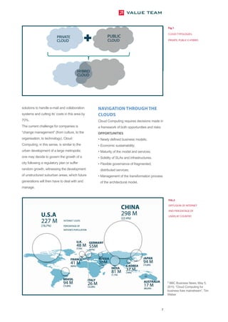 Fig.1

                                                                                                    CLOUD TYPOLOGIES:

                                                                                                    PRIVATE, PUBLIC E HYBRID




solutions to handle e-mail and collaboration     NAVIGATION THROUGH THE
systems and cutting its’ costs in this area by   CLOUDS
70%.                                             Cloud Computing requires decisions made in
The current challenge for companies is           a framework of both opportunities and risks:
“change management“ (from culture, to the        OPPORTUNITIES
organisation, to technology). Cloud              • Newly defined business models;
Computing, in this sense, is similar to the      • Economic sustainability;
urban development of a large metropolis:         • Maturity of the model and services;
one may decide to govern the growth of a         • Solidity of SLAs and infrastructures;
city following a regulatory plan or suffer       • Flexible governance of fragmented,
random growth, witnessing the development         distributed services;
of unstructured suburban areas, which future     • Management of the transformation process
generations will then have to deal with and       of the architectural model.
manage.


                                                                                                    FIG.2

                                                                                                    DIFFUSION OF INTERNET

                                                                                                    AND PERCENTAGE OF

                                                                                                    USERS BY COUNTRY.




                                                                                                    2
                                                                                                     BBC Business News, May 5,
                                                                                                    2010, “Cloud Computing for
                                                                                                    business foes mainstream”, Tim
                                                                                                    Weber



                                                                                                7
 