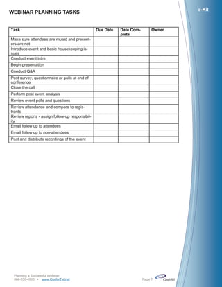 e-Kit
WEBINAR PLANNING TASKS


Task                                             Due Date   Date Com-        Owner
                                                            plete
Make sure attendees are muted and present-
ers are not
Introduce event and basic housekeeping is-
sues
Conduct event intro
Begin presentation
Conduct Q&A
Post survey, questionnaire or polls at end of
conference
Close the call
Perform post event analysis
Review event polls and questions
Review attendance and compare to regis-
trants
Review reports - assign follow-up responsibil-
ity
Email follow up to attendees
Email follow up to non-attendees
Post and distribute recordings of the event




 Planning a Successful Webinar
 866-930-4500 www.ConferTel.net                                       Page 7
 