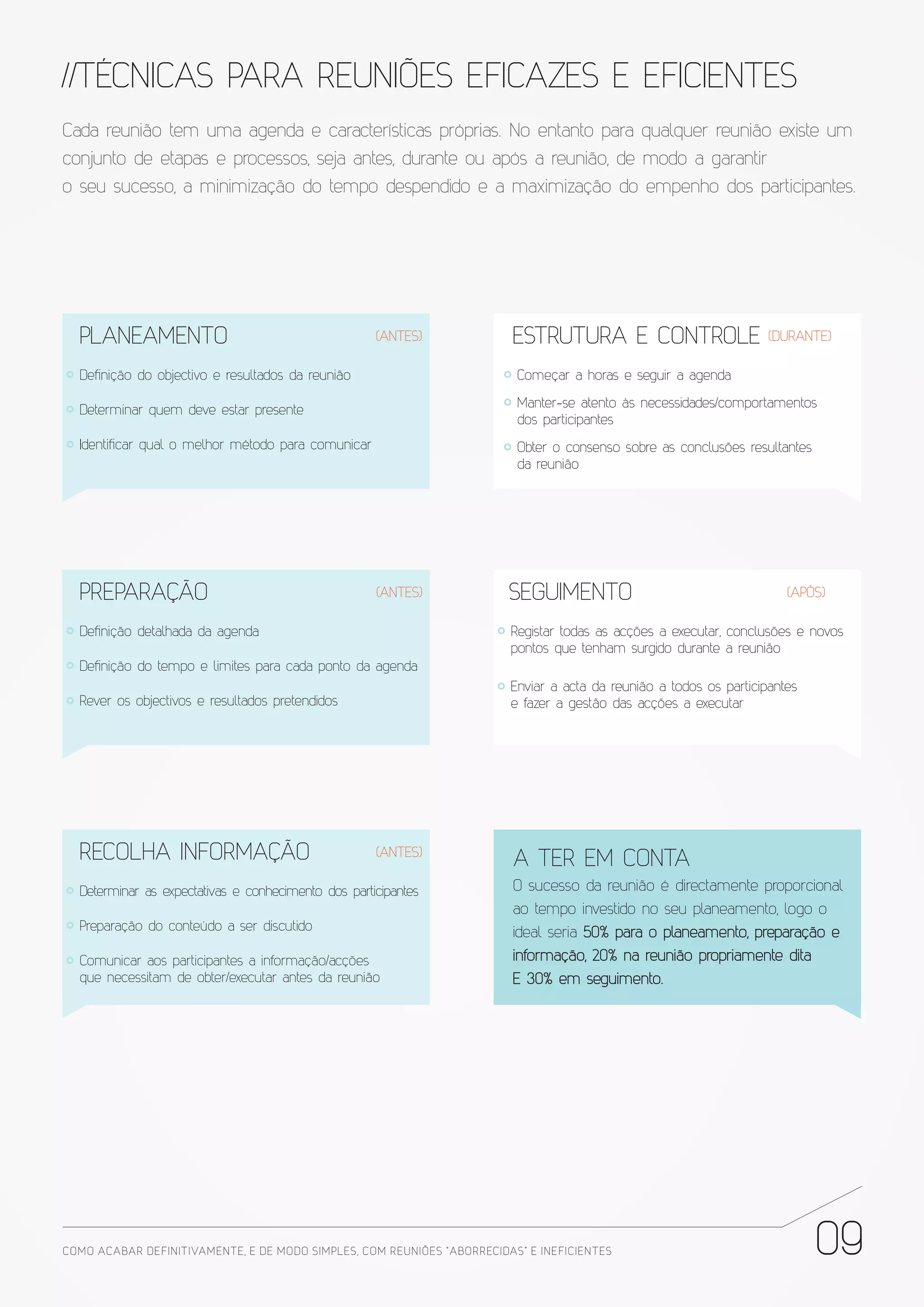 //TÉCNICAS PARA REUNIÕES EFICAZES E EFICIENTES
Cada reunião tem uma agenda e características próprias. No entanto para qualquer reunião existe um
conjunto de etapas e processos, seja antes, durante ou após a reunião, de modo a garantir
o seu sucesso, a minimização do tempo despendido e a maximização do empenho dos participantes.




  PLANEAMENTO                                        (ANTES)              ESTRUTURA E CONTROLE                        (DURANTE)

  Definição do objectivo e resultados da reunião                           Começar a horas e seguir a agenda
                                                                           Manter-se atento às necessidades/comportamentos
  Determinar quem deve estar presente
                                                                           dos participantes
  Identificar qual o melhor método para comunicar                          Obter o consenso sobre as conclusões resultantes
                                                                           da reunião




  PREPARAÇÃO                                         (ANTES)             SEGUIMENTO                                      (APÓS)

  Definição detalhada da agenda                                           Registar todas as acções a executar, conclusões e novos
                                                                          pontos que tenham surgido durante a reunião
  Definição do tempo e limites para cada ponto da agenda
                                                                          Enviar a acta da reunião a todos os participantes
  Rever os objectivos e resultados pretendidos                            e fazer a gestão das acções a executar




  RECOLHA INFORMAÇÃO                                 (ANTES)
                                                                          A TER EM CONTA
  Determinar as expectativas e conhecimento dos participantes             O sucesso da reunião é directamente proporcional
                                                                          ao tempo investido no seu planeamento, logo o
  Preparação do conteúdo a ser discutido                                  ideal seria 50% para o planeamento, preparação e
  Comunicar aos participantes a informação/acções                         informação, 20% na reunião propriamente dita
  que necessitam de obter/executar antes da reunião                       E 30% em seguimento.




COMO ACABAR DE FINITIVAMENTE, E DE MODO SIMPLES, COM REUNIÕES “ABORRECIDAS” E INE FICIENTES                                   09
 