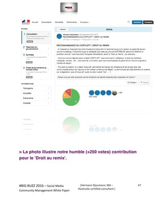  
#BIG	
  BUZZ	
  2016	
  –	
  Social	
  Media	
  	
  
Community	
  Management	
  White	
  Paper.	
  
[Hermann	
  Djoumessi,	
  MA	
  –	
  
Hootsuite	
  certified	
  consultant	
  ]	
  
47	
  
	
  
	
  
	
  
> La photo illustre notre humble (+250 votes) contribution
pour le 'Droit au remix'.
 