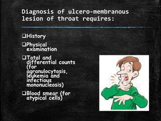 Diagnosis of ulcero-membranous
lesion of throat requires:
History
Physical
examination
Total and
differential counts
(for
agranulocytosis,
leukemia and
infectious
mononucleosis)
Blood smear (for
atypical cells)
 