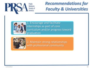 Recommendations for
                          Faculty & Universities

            1. Encourage and facilitate
            internships as part of core
            curriculum and/or progress toward
            graduation

            2. Maintain strong relationships
            with professional community




2/23/2012                                       18
 