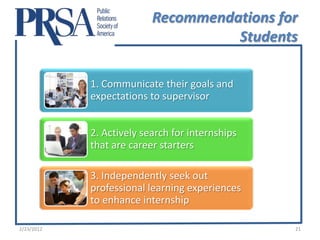Recommendations for
                                    Students

            1. Communicate their goals and
            expectations to supervisor


            2. Actively search for internships
            that are career starters

            3. Independently seek out
            professional learning experiences
            to enhance internship

2/23/2012                                        21
 