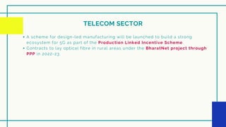 TELECOM SECTOR
A scheme for design-led manufacturing will be launched to build a strong
ecosystem for 5G as part of the Production Linked Incentive Scheme.
Contracts to lay optical fibre in rural areas under the BharatNet project through
PPP in 2022-23.
 