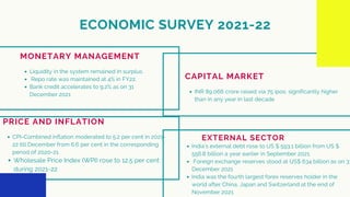 ECONOMIC SURVEY 2021-22
MONETARY MANAGEMENT
Liquidity in the system remained in surplus.
Repo rate was maintained at 4% in FY22.
Bank credit accelerates to 9.2% as on 31
December 2021
CAPITAL MARKET
INR 89,066 crore raised via 75 ipos; significantly higher
than in any year in last decade
PRICE AND INFLATION
CPI-Combined inflation moderated to 5.2 per cent in 2021-
22 till December from 6.6 per cent in the corresponding
period of 2020-21.
Wholesale Price Index (WPI) rose to 12.5 per cent
during 2021-22
India’s external debt rose to US $ 593.1 billion from US $
556.8 billion a year earlier in September 2021.
Foreign exchange reserves stood at US$ 634 billion as on 31
December 2021
India was the fourth largest forex reserves holder in the
world after China, Japan and Switzerland at the end of
November 2021.
EXTERNAL SECTOR
 