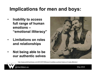 whiteribbon.ca May 2014
• Inability to access
full range of human
emotions –
“emotional illiteracy”
• Limitations on roles
and relationships
• Not being able to be
our authentic selves
Implications for men and boys:
http://www.artofmanliness.com/2012/07/29/bosom-buddies-a-photo-history-of-male-affection/
 