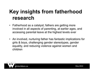 whiteribbon.ca May 2014
Key insights from fatherhood
research
• Fatherhood as a catalyst; fathers are getting more
involved in all aspects of parenting, at earlier ages, and
accessing parental leave at the highest levels ever
• An involved, nurturing father has fantastic implications for
girls & boys, challenging gender stereotypes, gender
equality, and reducing violence against women and
children
 