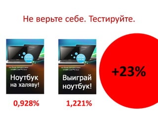 Не верьте себе. Тестируйте.




                       +23%
0,928%      1,221%
 