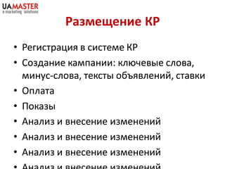 Размещение КР
• Регистрация в системе КР
• Создание кампании: ключевые слова,
  минус-слова, тексты объявлений, ставки
• Оплата
• Показы
• Анализ и внесение изменений
• Анализ и внесение изменений
• Анализ и внесение изменений
 