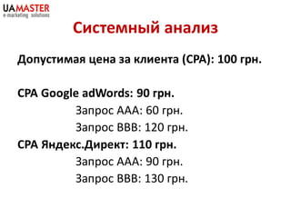 Системный анализ
Допустимая цена за клиента (CPA): 100 грн.

CPA Google adWords: 90 грн.
         Запрос ААА: 60 грн.
         Запрос ВВВ: 120 грн.
СРА Яндекс.Директ: 110 грн.
         Запрос ААА: 90 грн.
         Запрос ВВВ: 130 грн.
 