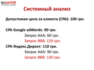 Системный анализ
Допустимая цена за клиента (CPA): 100 грн.

CPA Google adWords: 90 грн.
         Запрос ААА: 60 грн.
         Запрос ВВВ: 120 грн.
СРА Яндекс.Директ: 110 грн.
         Запрос ААА: 90 грн.
         Запрос ВВВ: 130 грн.
 