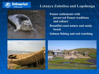 Letnaya Zolotitsa and Lopshenga

     Pomor settlements with
        preserved Pomor traditions
        and culture
     Beautiful coast nature and sandy
        beach
     Salmon fishing and seal watching
 