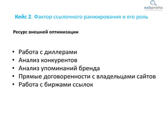 Кейс 2. Фактор ссылочного ранжирования и его роль
Ресурс внешней оптимизации
• Работа с диллерами
• Анализ конкурентов
• Анализ упоминаний бренда
• Прямые договоренности с владельцами сайтов
• Работа с биржами ссылок
 