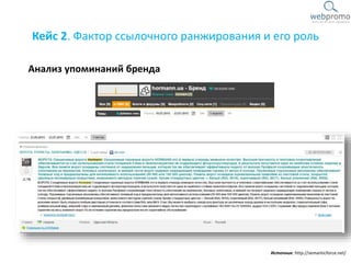 Кейс 2. Фактор ссылочного ранжирования и его роль
Анализ упоминаний бренда
Источник: http://semanticforce.net/
 