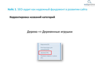 Кейс 1. SEO-аудит как надежный фундамент в развитии сайта
Дерево => Деревянные игрушки
Корректировка названий категорий
 