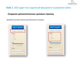 Кейс 1. SEO-аудит как надежный фундамент в развитии сайта
Доработка целевых страниц для фильтров по товарам
Создание дополнительных целевых страниц
 