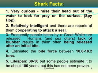Shark Facts:
1. Very curious - raise their head out of the
water to look for prey on the surface. (Spy
Hop).
2. Relatively intelligent and there are reports of
them cooperating to attack a seal.
3. Frequently people bitten by a Great White are
released.     Humans (and sea otters) lack of
blubber results in them often being released
after an initial bite.
4. Estimated the bite force between 10.8-18.2
tons.
5. Lifespan: 30-50 but some people estimate it to
be about 100 years, but this has not been proven. 4
                       White Shark
 