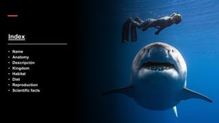Index
• Name
• Anatomy
• Descripción
• Kingdom
• Habitat
• Diet
• Reproduction
• Scientific facts
 