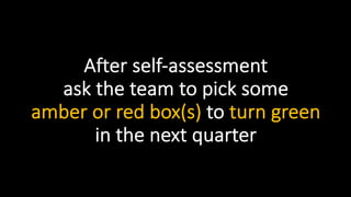 After self-assessment
ask the team to pick some
amber or red box(s) to turn green
in the next quarter
 