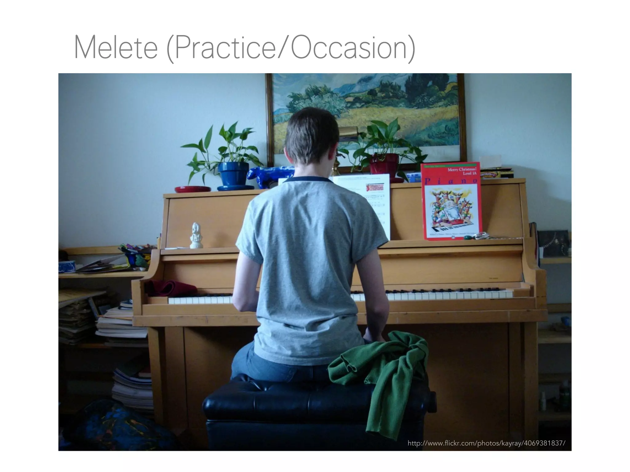 Melete (Practice/Occasion)

http://www.flickr.com/photos/kayray/4069381837/

 