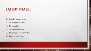 LATENT PHASE :
1. Initially they act active.
2. No presence of virus.
3. No mortality.
4. No inclusion bodies.
5. Pcr analysis –ve for 1st step.
6. But +ve for 2nd step.
 