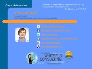 Contact Information
Hania S. Whitfield
Owner / Principal
WHITFIELD CONSULTING - Social Business Marketing Media
hania.whit...