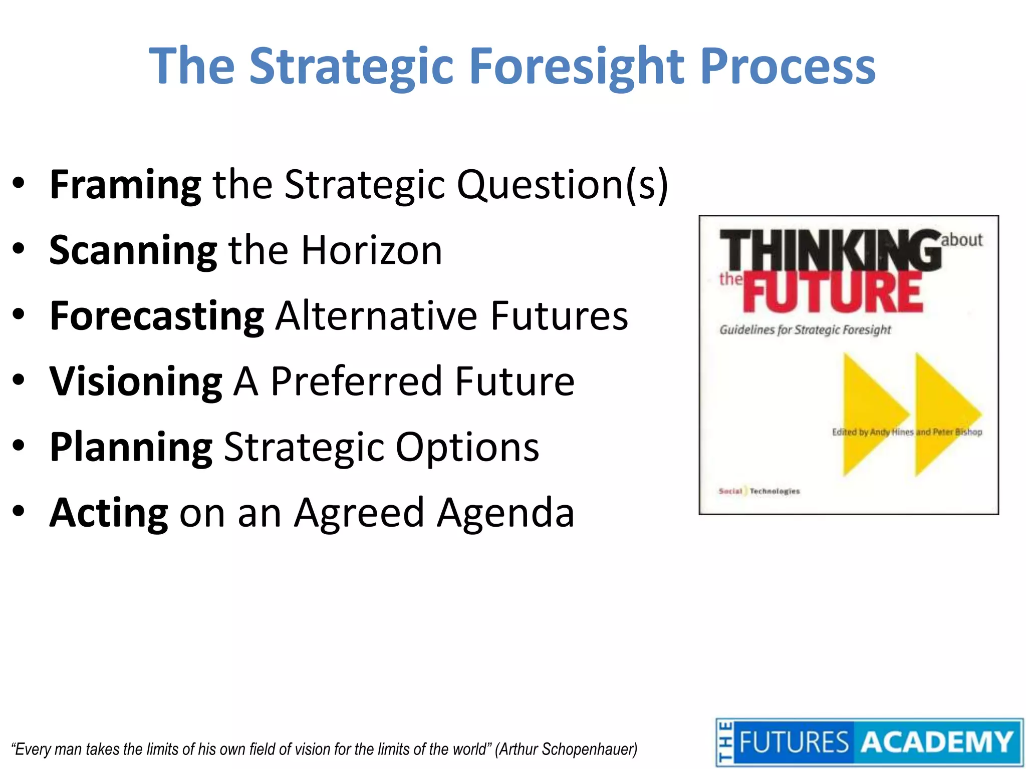 The Strategic Foresight ProcessFraming the Strategic Question(s)Scanning the HorizonForecasting Alternative FuturesVisioning A Preferred FuturePlanning Strategic OptionsActing on an Agreed Agenda“Every man takes the limits of his own field of vision for the limits of the world” (Arthur Schopenhauer)