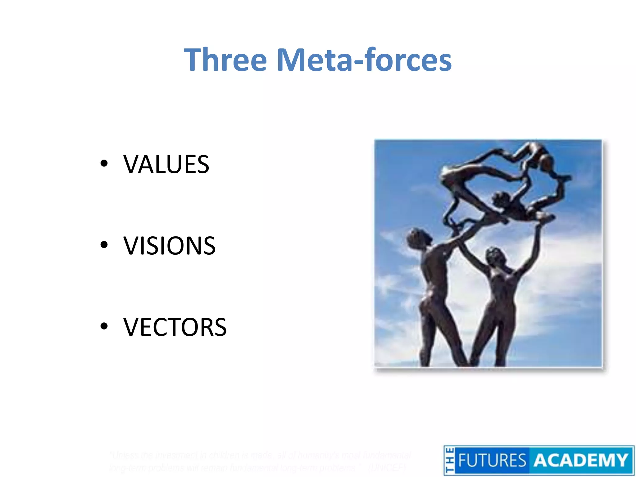 Three Meta-forcesVALUESVISIONSVECTORS“Unless the investment in children is made, all of humanity's most fundamental long-term problems will remain fundamental long-term problems.”   (UNICEF) 