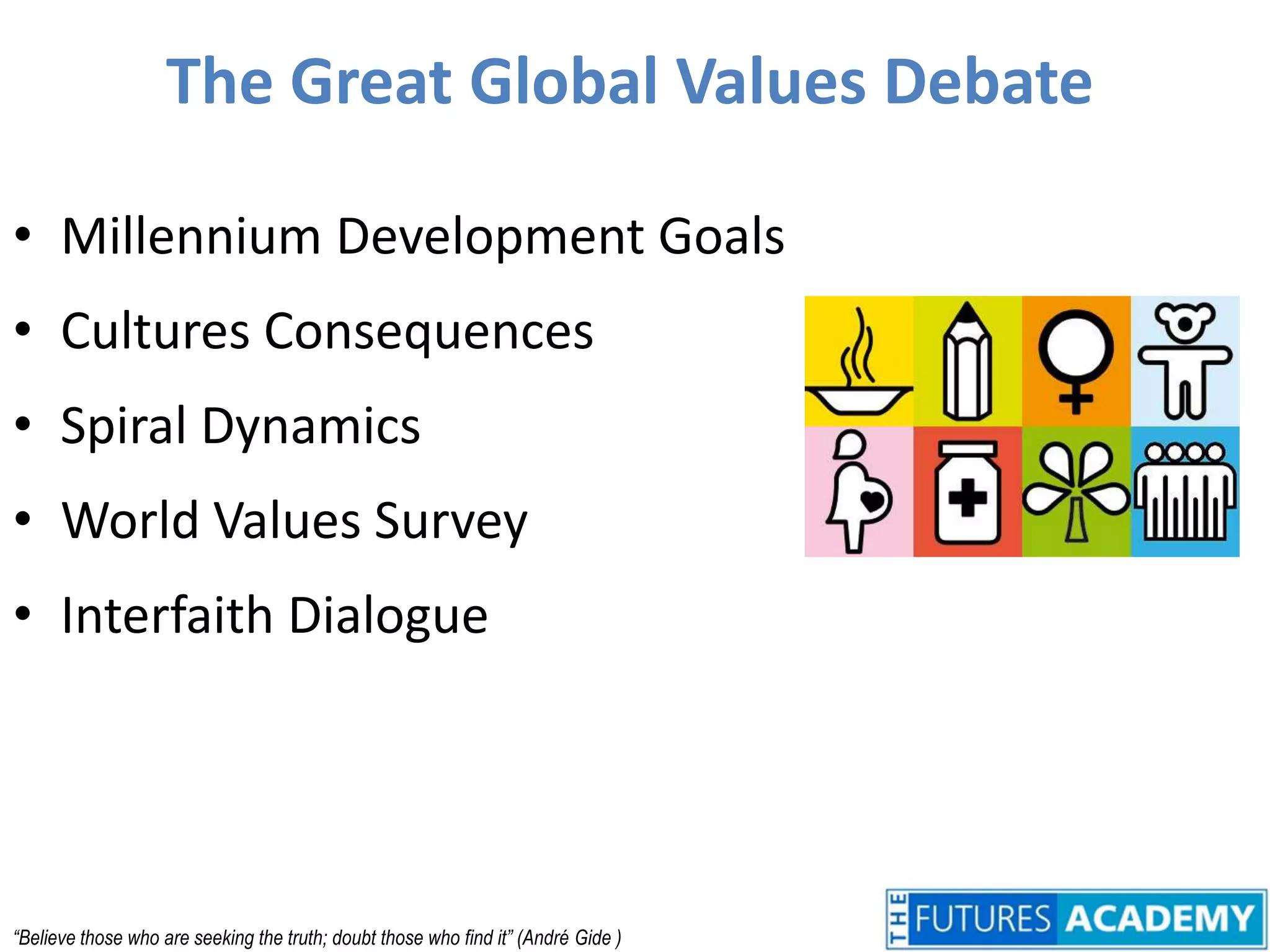 The Great Global Values DebateMillennium Development GoalsCultures ConsequencesSpiral DynamicsWorld Values SurveyInterfaith Dialogue“Believe those who are seeking the truth; doubt those who find it” (André Gide )