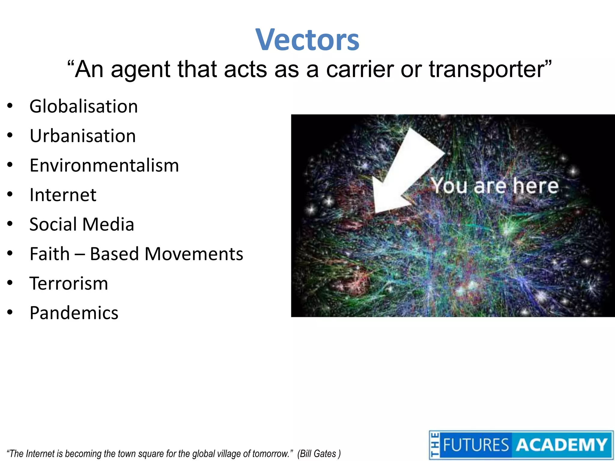 Vectors“An agent that acts as a carrier or transporter”GlobalisationUrbanisationEnvironmentalism InternetSocial MediaFaith – Based MovementsTerrorismPandemics“The Internet is becoming the town square for the global village of tomorrow.”  (Bill Gates )
