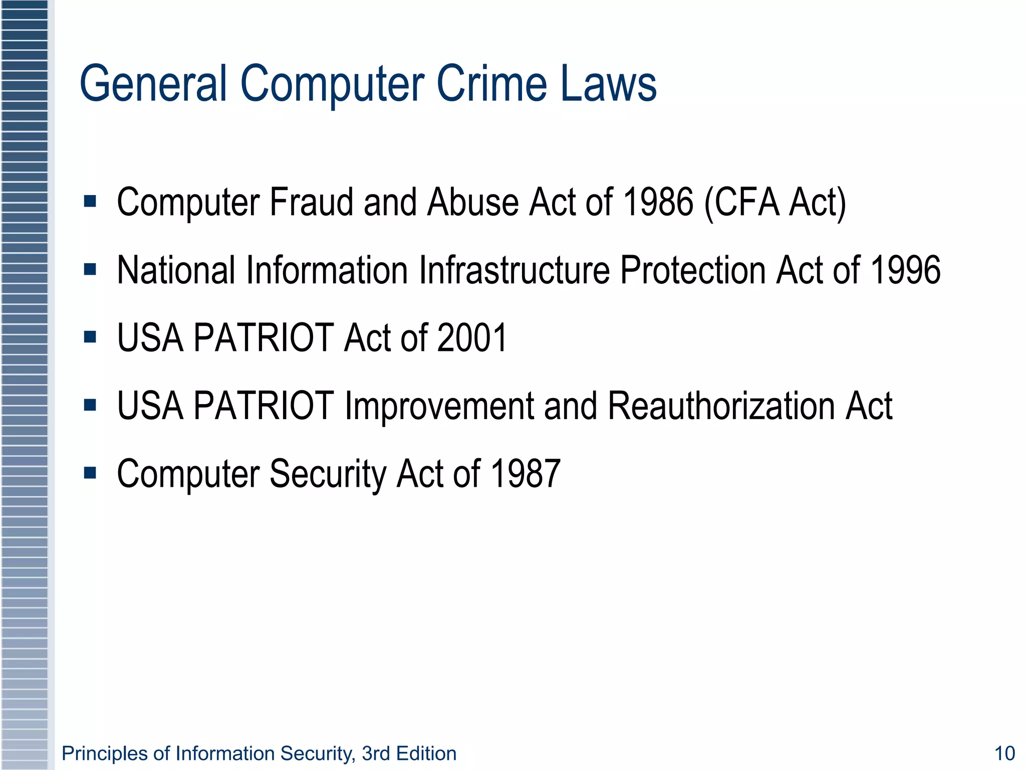 Principles of Information Security, 3rd Edition 10
General Computer Crime Laws
 Computer Fraud and Abuse Act of 1986 (CFA Act)
 National Information Infrastructure Protection Act of 1996
 USA PATRIOT Act of 2001
 USA PATRIOT Improvement and Reauthorization Act
 Computer Security Act of 1987
 