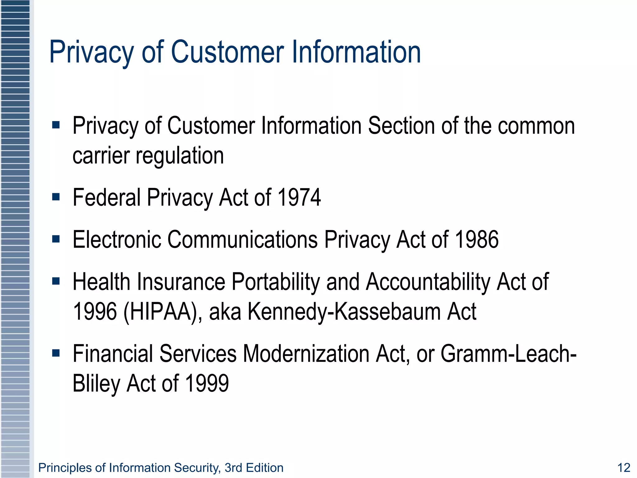 Principles of Information Security, 3rd Edition 12
Privacy of Customer Information
 Privacy of Customer Information Section of the common
carrier regulation
 Federal Privacy Act of 1974
 Electronic Communications Privacy Act of 1986
 Health Insurance Portability and Accountability Act of
1996 (HIPAA), aka Kennedy-Kassebaum Act
 Financial Services Modernization Act, or Gramm-Leach-
Bliley Act of 1999
 