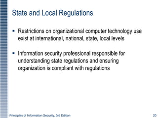 Principles of Information Security, 3rd Edition 20
State and Local Regulations
 Restrictions on organizational computer technology use
exist at international, national, state, local levels
 Information security professional responsible for
understanding state regulations and ensuring
organization is compliant with regulations
 