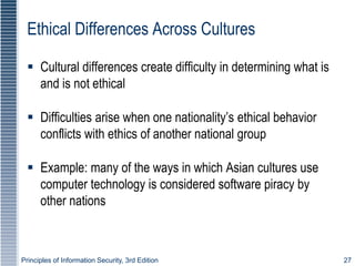 Principles of Information Security, 3rd Edition 27
Ethical Differences Across Cultures
 Cultural differences create difficulty in determining what is
and is not ethical
 Difficulties arise when one nationality’s ethical behavior
conflicts with ethics of another national group
 Example: many of the ways in which Asian cultures use
computer technology is considered software piracy by
other nations
 