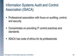 Principles of Information Security, 3rd Edition 34
Information Systems Audit and Control
Association (ISACA)
 Professional association with focus on auditing, control,
and security
 Concentrates on providing IT control practices and
standards
 ISACA has code of ethics for its professionals
 