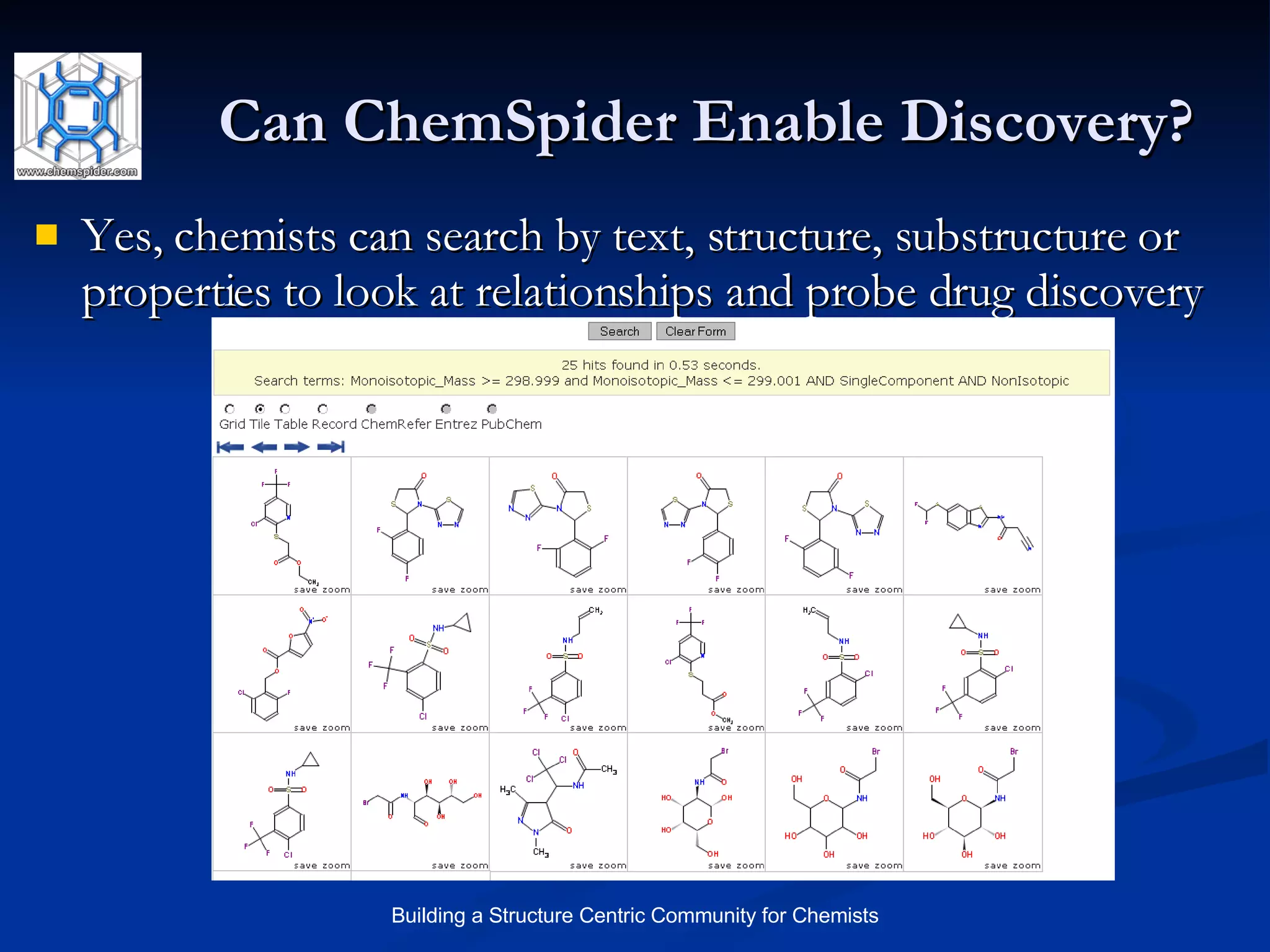 Can ChemSpider Enable Discovery? Yes, chemists can search by text, structure, substructure or properties to look at relationships and probe drug discovery 