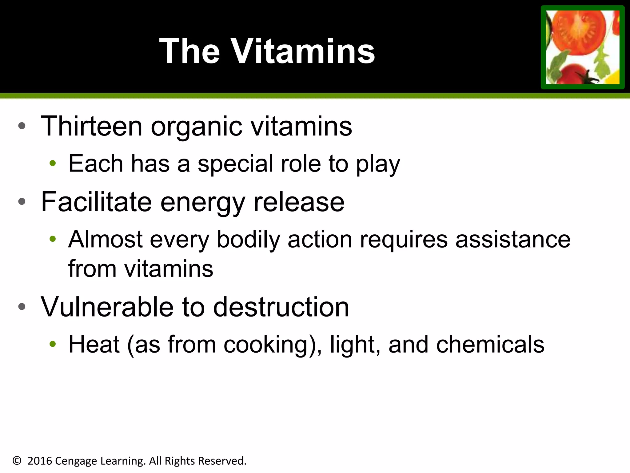 © 2016 Cengage Learning. All Rights Reserved.
The Vitamins
• Thirteen organic vitamins
• Each has a special role to play
• Facilitate energy release
• Almost every bodily action requires assistance
from vitamins
• Vulnerable to destruction
• Heat (as from cooking), light, and chemicals
 