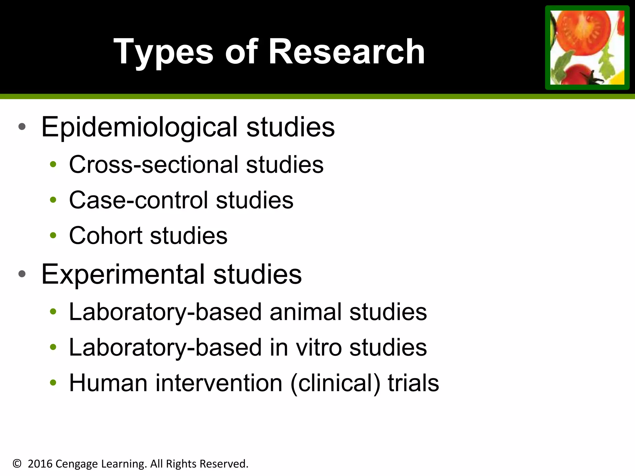 © 2016 Cengage Learning. All Rights Reserved.
Types of Research
• Epidemiological studies
• Cross-sectional studies
• Case-control studies
• Cohort studies
• Experimental studies
• Laboratory-based animal studies
• Laboratory-based in vitro studies
• Human intervention (clinical) trials
 