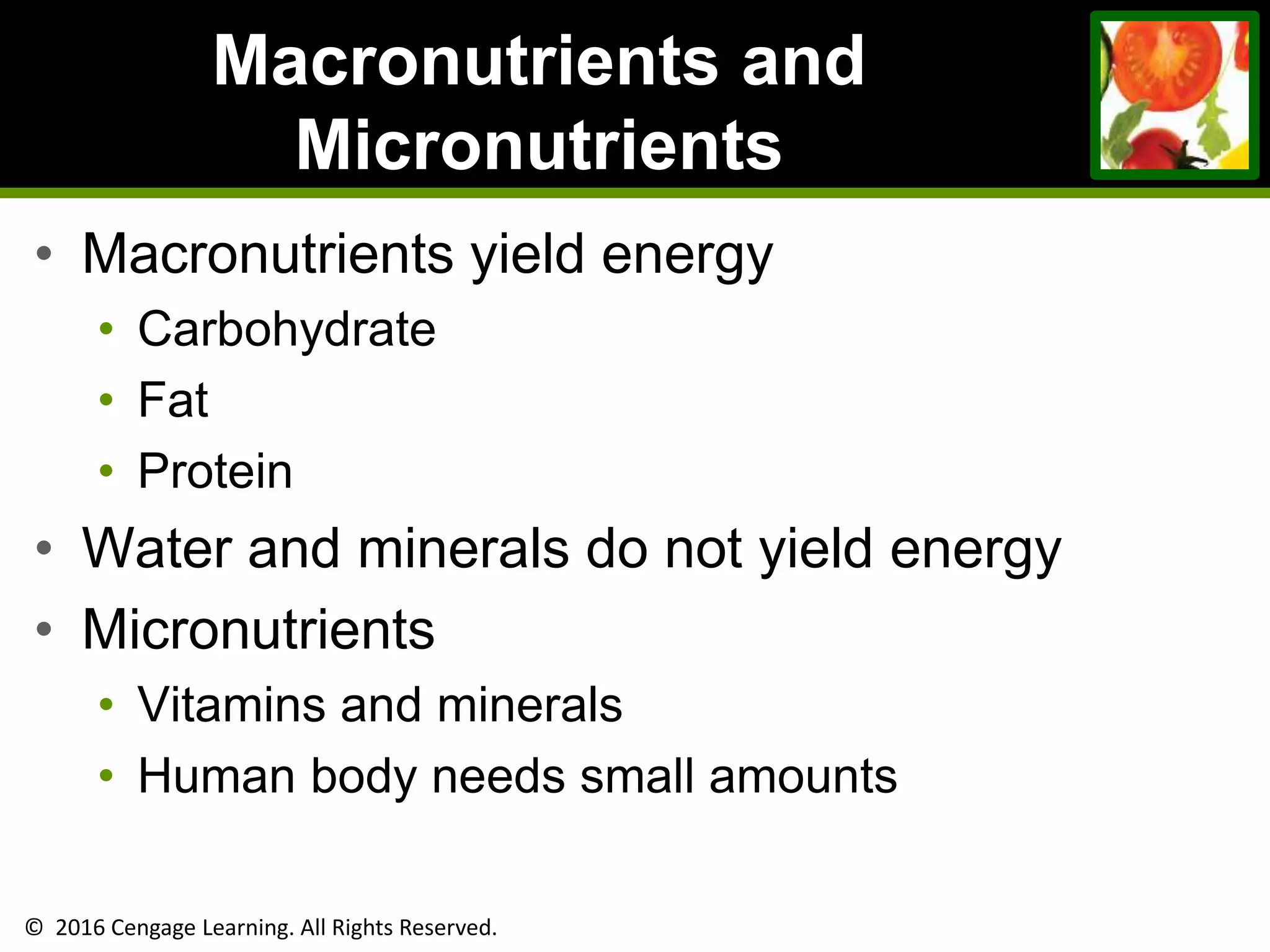 © 2016 Cengage Learning. All Rights Reserved.
Macronutrients and
Micronutrients
• Macronutrients yield energy
• Carbohydrate
• Fat
• Protein
• Water and minerals do not yield energy
• Micronutrients
• Vitamins and minerals
• Human body needs small amounts
 