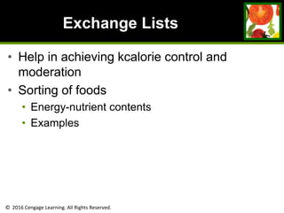 © 2016 Cengage Learning. All Rights Reserved.
Exchange Lists
• Help in achieving kcalorie control and
moderation
• Sorting of foods
• Energy-nutrient contents
• Examples
 