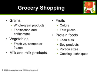 © 2016 Cengage Learning. All Rights Reserved.
Grocery Shopping
• Grains
• Whole-grain products
• Fortification and
enrichment
• Vegetables
• Fresh vs. canned or
frozen
• Milk and milk products
• Fruits
• Colors
• Fruit juices
• Protein foods
• Lean cuts
• Soy products
• Portion sizes
• Cooking techniques
 