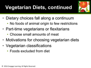 © 2016 Cengage Learning. All Rights Reserved.
Vegetarian Diets, continued
• Dietary choices fall along a continuum
• No foods of animal origin to few restrictions
• Part-time vegetarians or flexitarians
• Choose small amounts of meat
• Motivations for choosing vegetarian diets
• Vegetarian classifications
• Foods excluded from diet
 